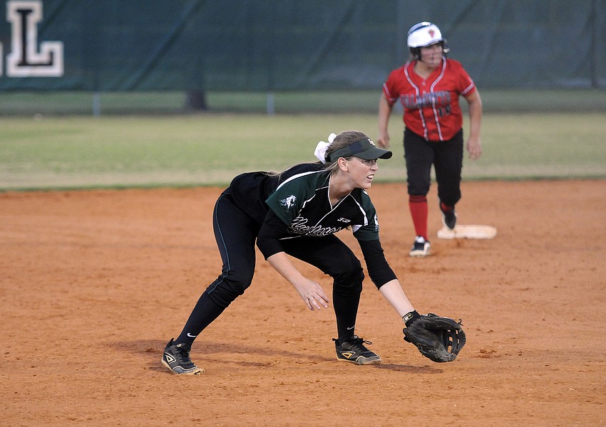Lakewood Ranch shortstop McKaleigh Goodale awaits a potential ground ball.