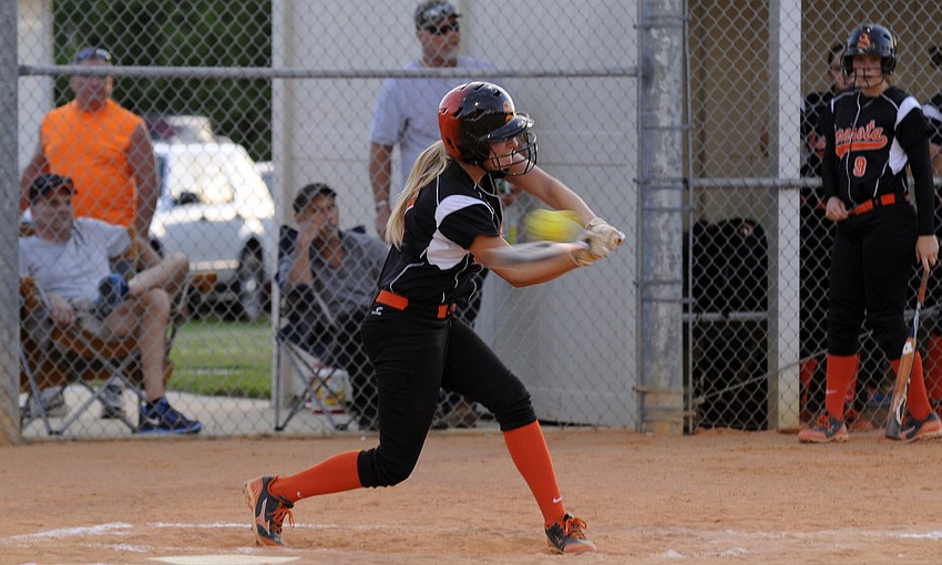 Sarasota sophomore Avery Miller makes contact in the bottom of the top of the second inning.
