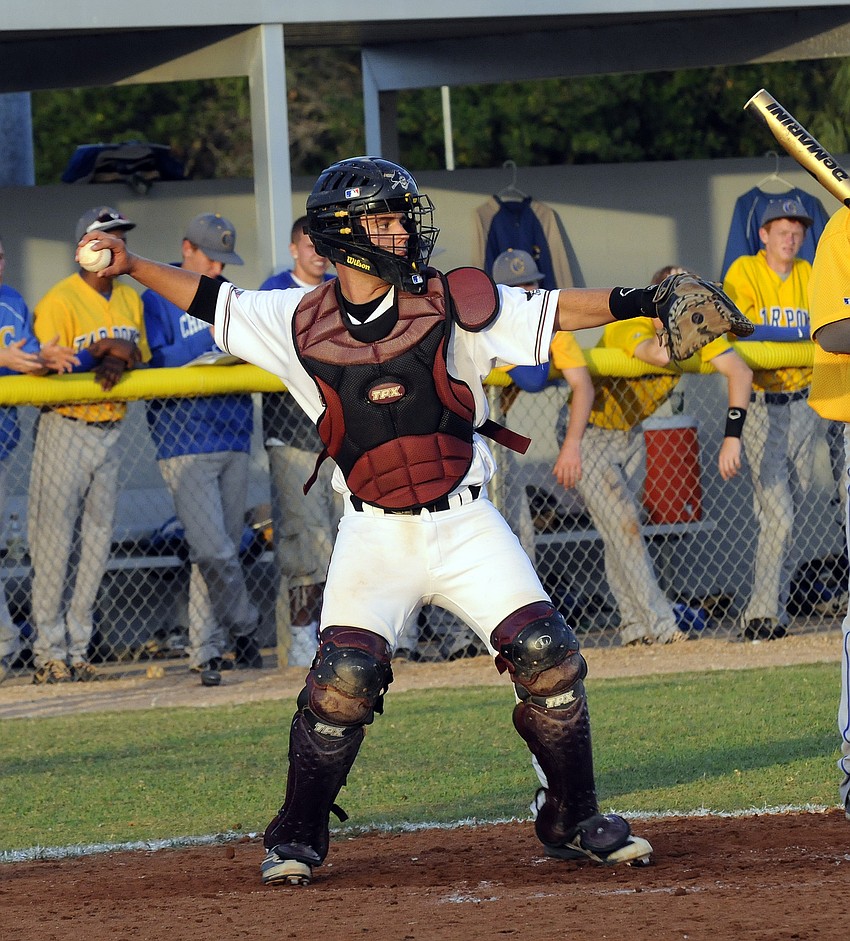 Braden River catcher Taylor Rahn throws the ball back to the mound.