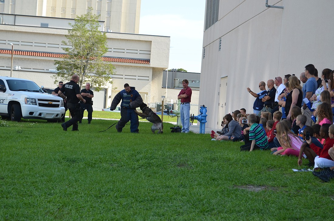 Children watch closely as Officer Tim Bain and canine partner Ã¢â‚¬Å“KudaÃ¢â‚¬Â show how a K-9 takes down a suspect.