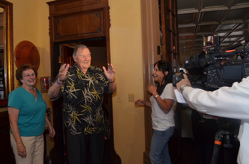 Paul Thorpe is shocked by the 120 people waiting for him as he steps through the door.