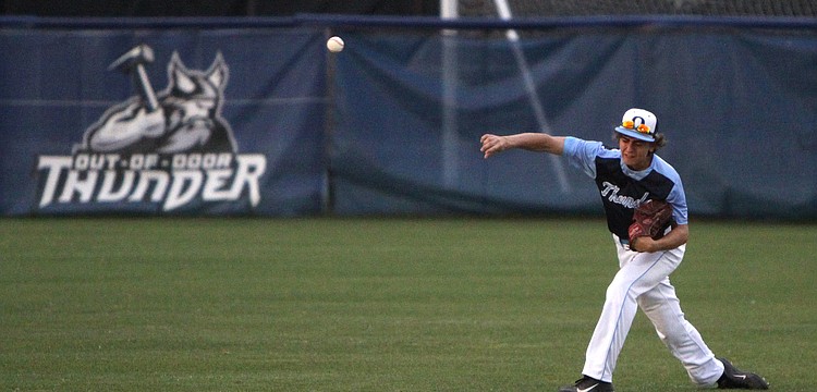 Out-of-Door Academyâ€™s Bradford Jones, No. 6, throws the ball from the outfield.