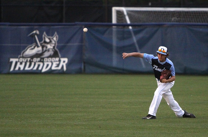 Out-of-Door Academyâ€™s Bradford Jones, No. 6, throws the ball from the outfield.