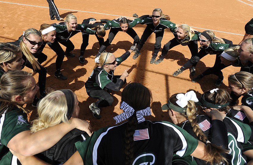 The Lakewood Ranch High softball team celebrates following its 8-3 victory over River Ridge in the Class 6A-Region 3 finals May 3.