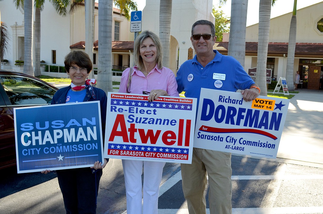 City Commission candidates Susan Chapman, Mayor Suzanne Atwell and Richard Dorfman hit the Election Day campaign trail early this morning with a stop at Precinct 209, located at First Presbyterian Church, on Oak Street in downtown Sarasota.