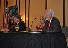 The panel: Kevin DiLallo, CEO of Manatee Memorial Hospital; Sharon Hillstrom, president and CEO of the Bradenton Area Economic Development Corporation; and Ed Hunzeker, Manatee County administrator