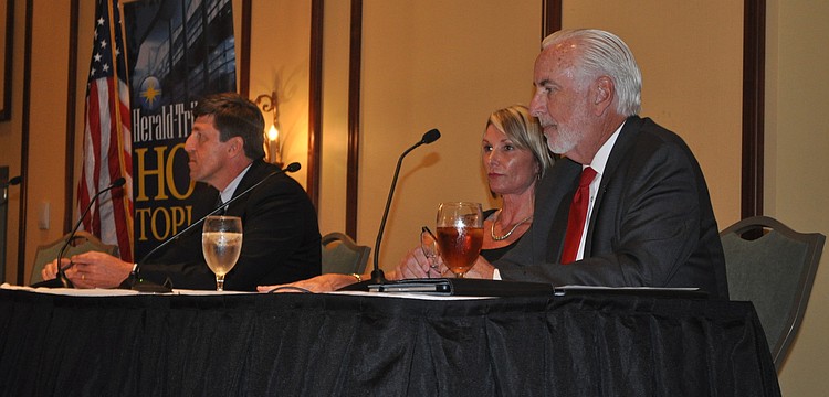 The panel: Kevin DiLallo, CEO of Manatee Memorial Hospital; Sharon Hillstrom, president and CEO of the Bradenton Area Economic Development Corporation; and Ed Hunzeker, Manatee County administrator