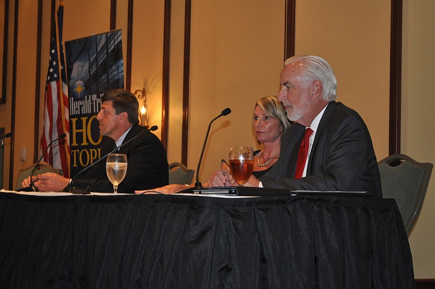 The panel: Kevin DiLallo, CEO of Manatee Memorial Hospital; Sharon Hillstrom, president and CEO of the Bradenton Area Economic Development Corporation; and Ed Hunzeker, Manatee County administrator