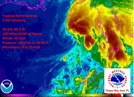 Tropical Storm Andrea's maximum sustained winds have increased to near 60 mph as it heads for land north of the Tampa Bay area.