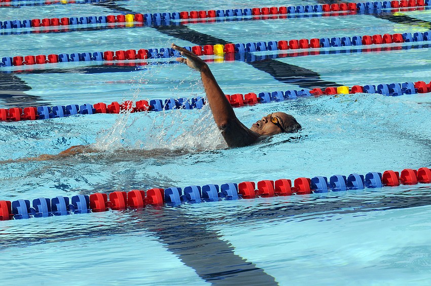 Abilio Colina of Venezuela swims the backstroke leg of the 200 individual medley.