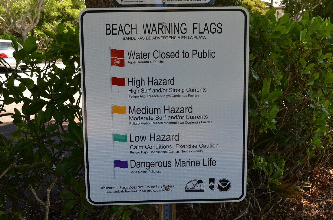 Signs have been posted at the entrances of both fire stations defining the flag colors that notify the Key's surf conditions.