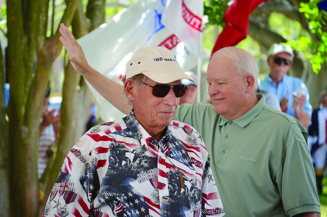 Iwo Jima veteran Harold Ronson, left: Should he give up? Sarasota Public Art Fund founder Thomas Savage, right: "You can't fight City Hall" in Sarasota.