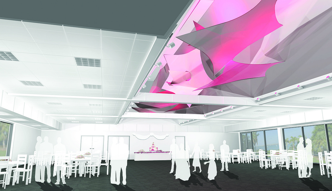The renovated Great Room will include decorative fabric kites, which can be lit with custom colors for events. Courtesy rendering.