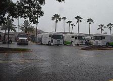 Summer rain sporadically pours down on the blood drive.
