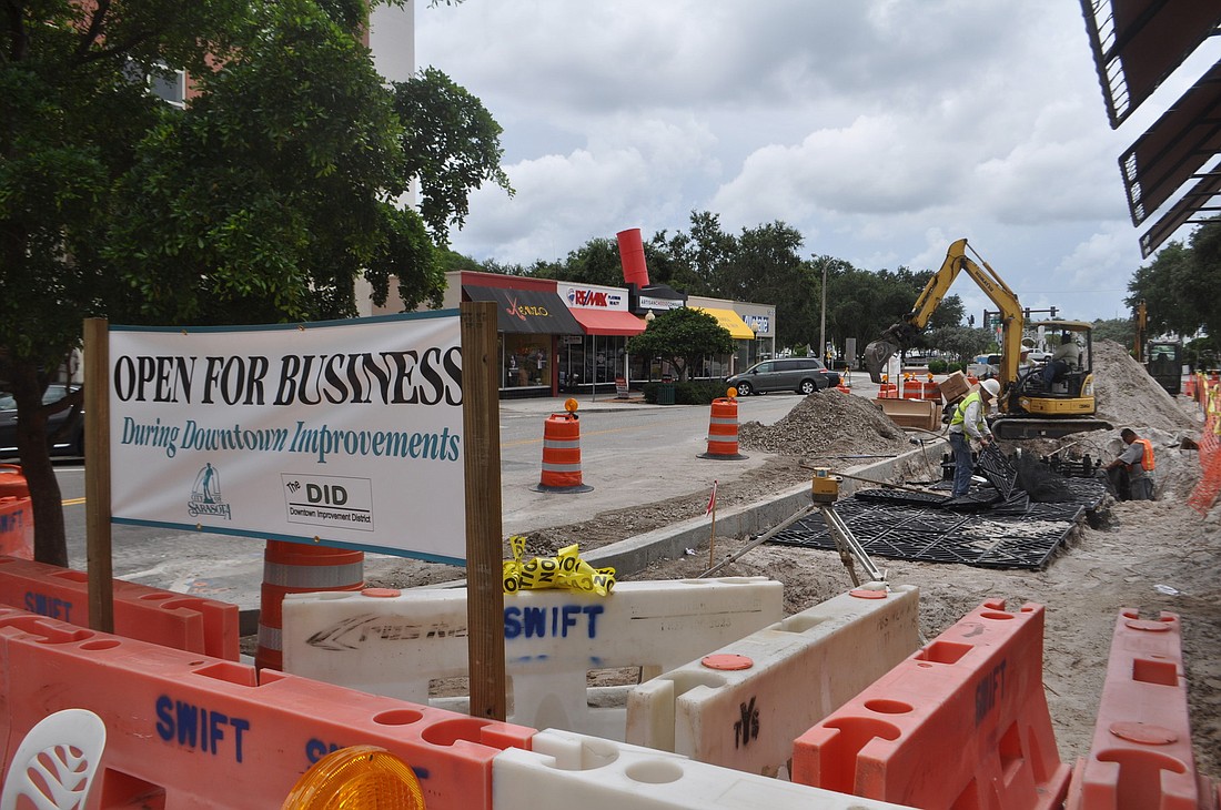 Construction between Gulfstream Avenue and Palm Avenue on Main Street has resulted in a reduction in parking spaces near businesses across the street.