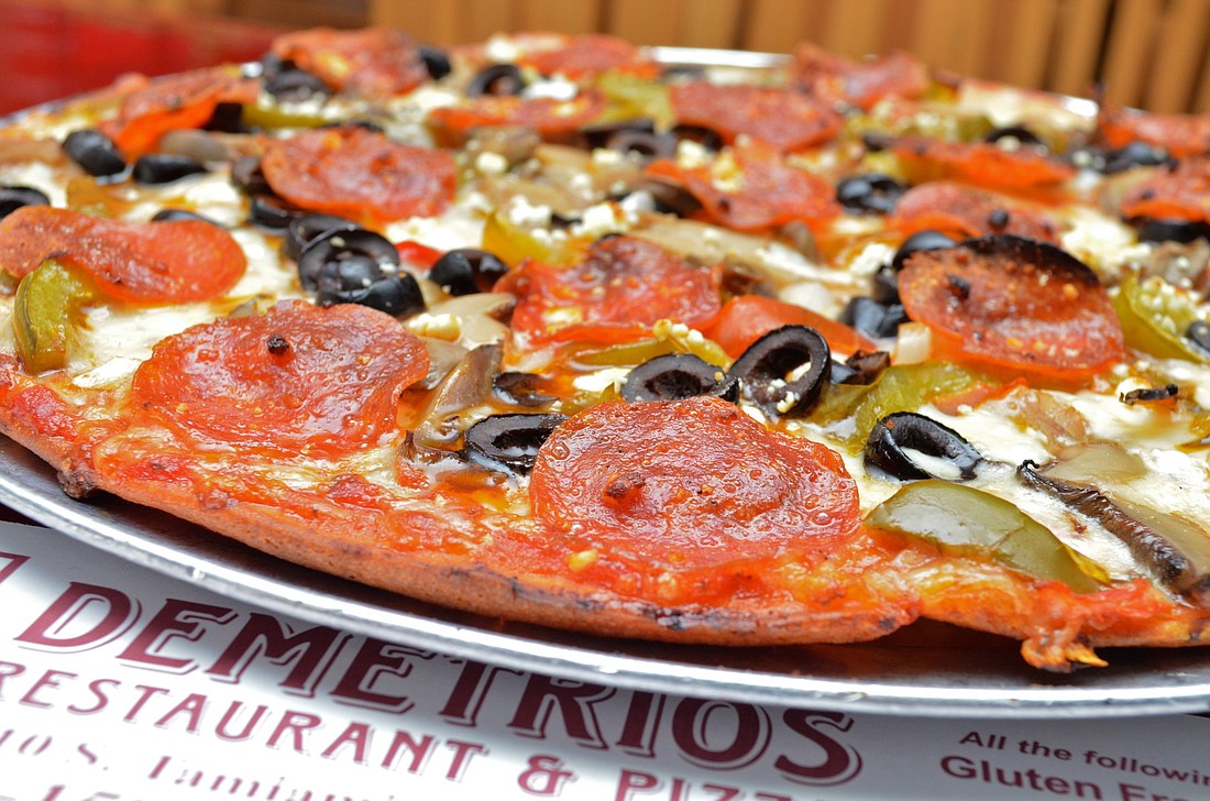 Demetrio's: A gluten-free pizza with green peppers, mushrooms, black olives and pepperoni.