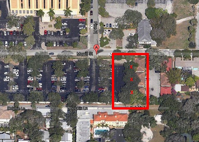 A contractor must remove three oak trees and a cabbage palm (denoted in red) as part of the Hudson Bayou water quality improvements.