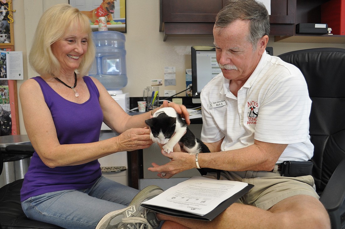 Carol Baker smiles as she accepts her new kitten, Crybaby, from adoption coordinator Rick Sailors.