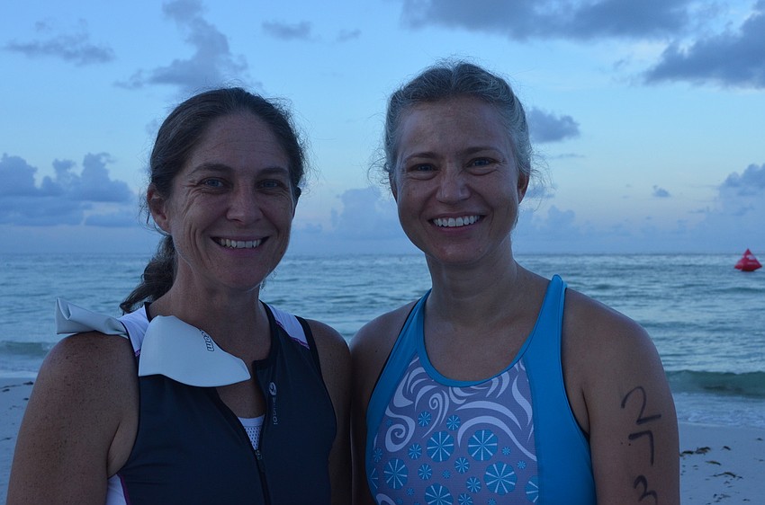 Sarasota residents Jessica Boson and Jane Fulton get ready to participate in the Sprint Triathlon.