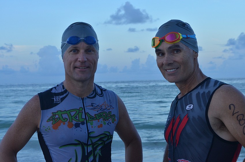 Stan Fivecoat and Tom Connolly get ready to start the Olympic Triathlon.