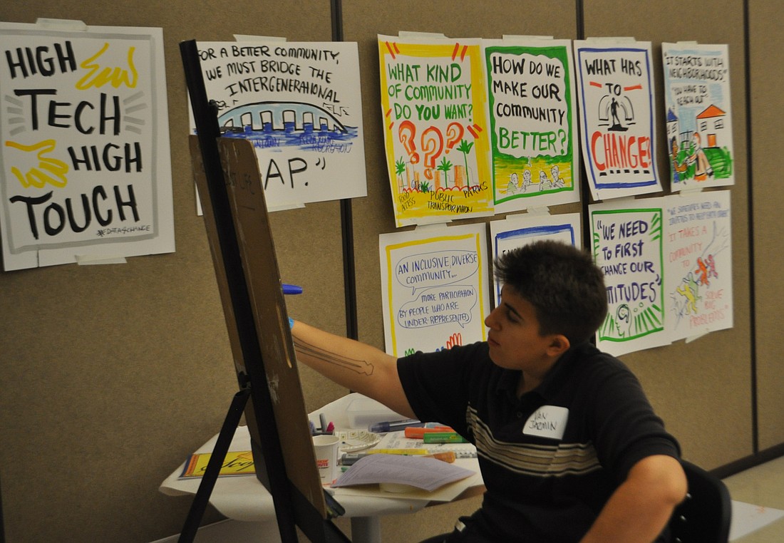 Artist Van Jazmin works on an illustration as a part of SCOPE's High Tech, High Touch workshop. The artwork wasn't limited to the professionals, as participants earlier sketched their visions for a better community.