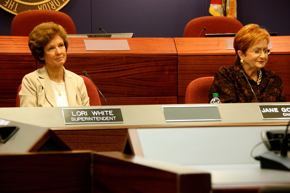 Sarasota County School Board Superintendent Lori White (left) and School Board member Jane Goodwin discuss school renovations at TuesdayÃ¢â‚¬â„¢s monthly work session.