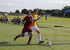 Tallahassee Unitedâ€™s Ian Hildebradnt and FC Sarasotaâ€™s Cameron Roscamp battle for possession.