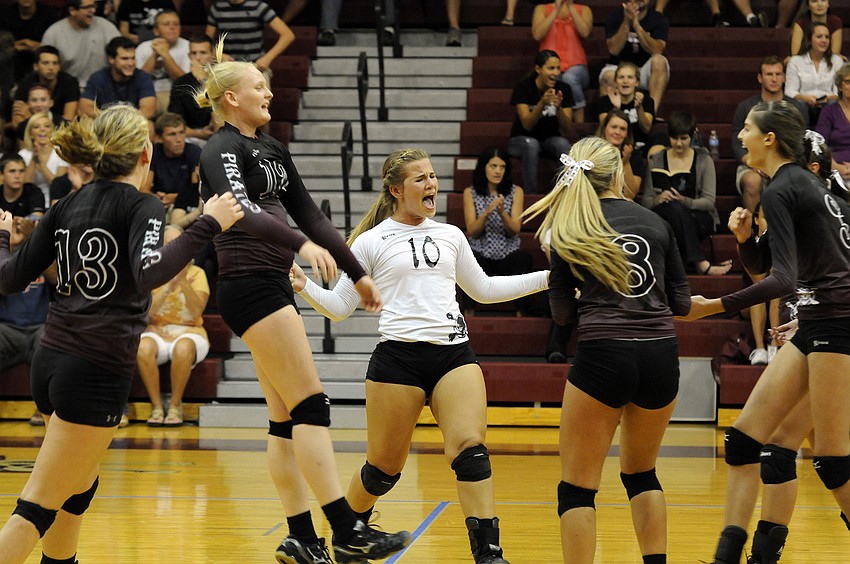 The Braden River High volleyball team celebrates a point during its 3-2 victory over rival Lakewood Ranch Sept. 10.