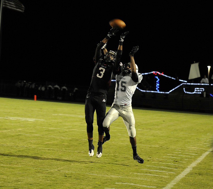 Braden River wide receiver Andre Mays goes up for a pass in the first half.