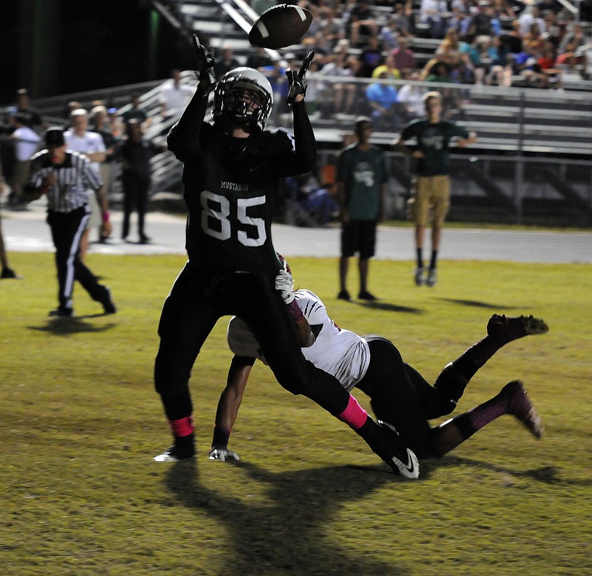 Lakewood Ranch tight end Kyle Brady gets his hands on a pass in the end zone before it was broken up by a Palmetto defender.