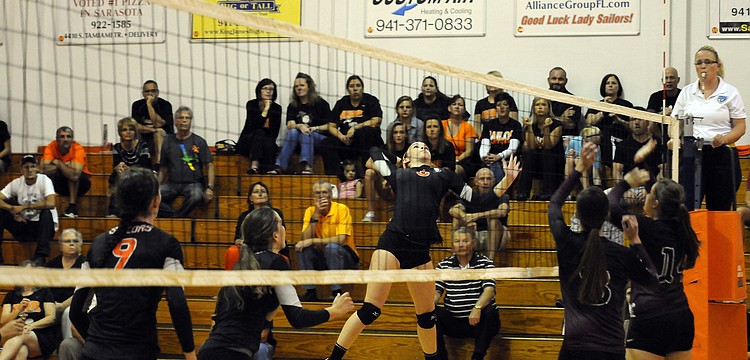 Sarasota junior Jordan Brooks finished with eight kills in the Sailors 3-1 victory over Braden River Oct. 22.