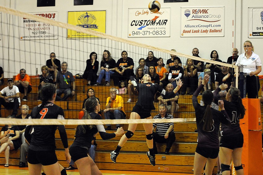 Sarasota junior Jordan Brooks finished with eight kills in the Sailors 3-1 victory over Braden River Oct. 22.