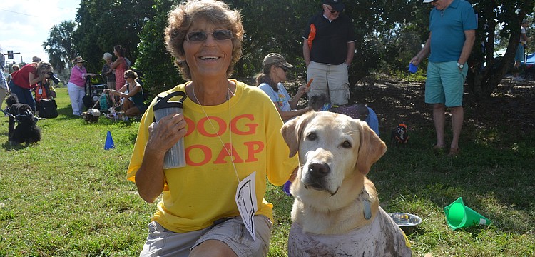 Dirty dog Martin with owner Elizabeth wood who was his soap