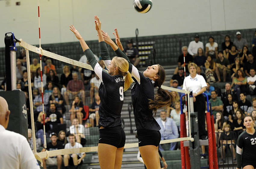 Lakewood Ranchâ€™s Coleen Campbell and Nicole Grant go up for a block against Naples Gulf Coast.