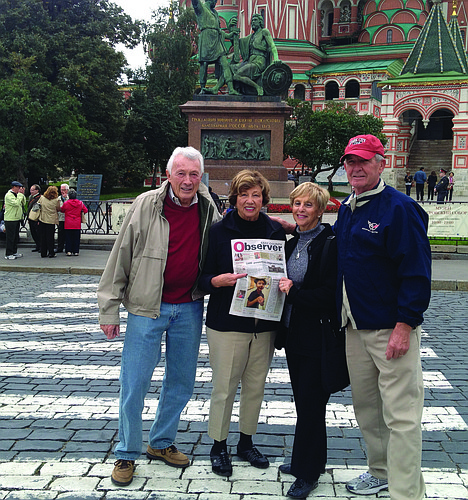 RUSSIA. Bruce and Wilma Nourie and Linda and Jim Crouse read their East County Observer in the Red Square during a cruise through Russia. The Red Square, located in central Moscow, is the official residence of the president of Russia.