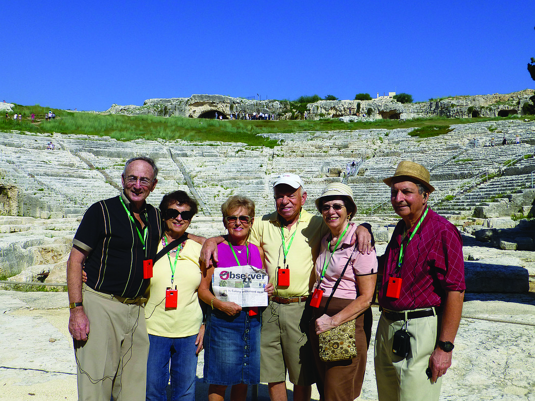 SICILY. Longboat Key residents Mike and Joan Cohen, Bunny and Mort Skirboll, and Hannah and Norman Weinberg took their Observer along to the ancient Greek and Roman ruins in Siragusa, Sicily.