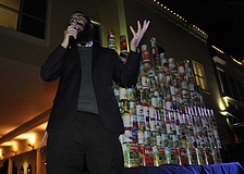 Rabbi Mendy Bukiet explains the menorah is made of cans, because it was the first time Hannukah overlapped with Thanksgiving.