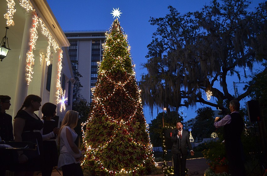 Marty Haberer, of the Jewish Federation of Sarasota-Manatee, stands next to the tree.