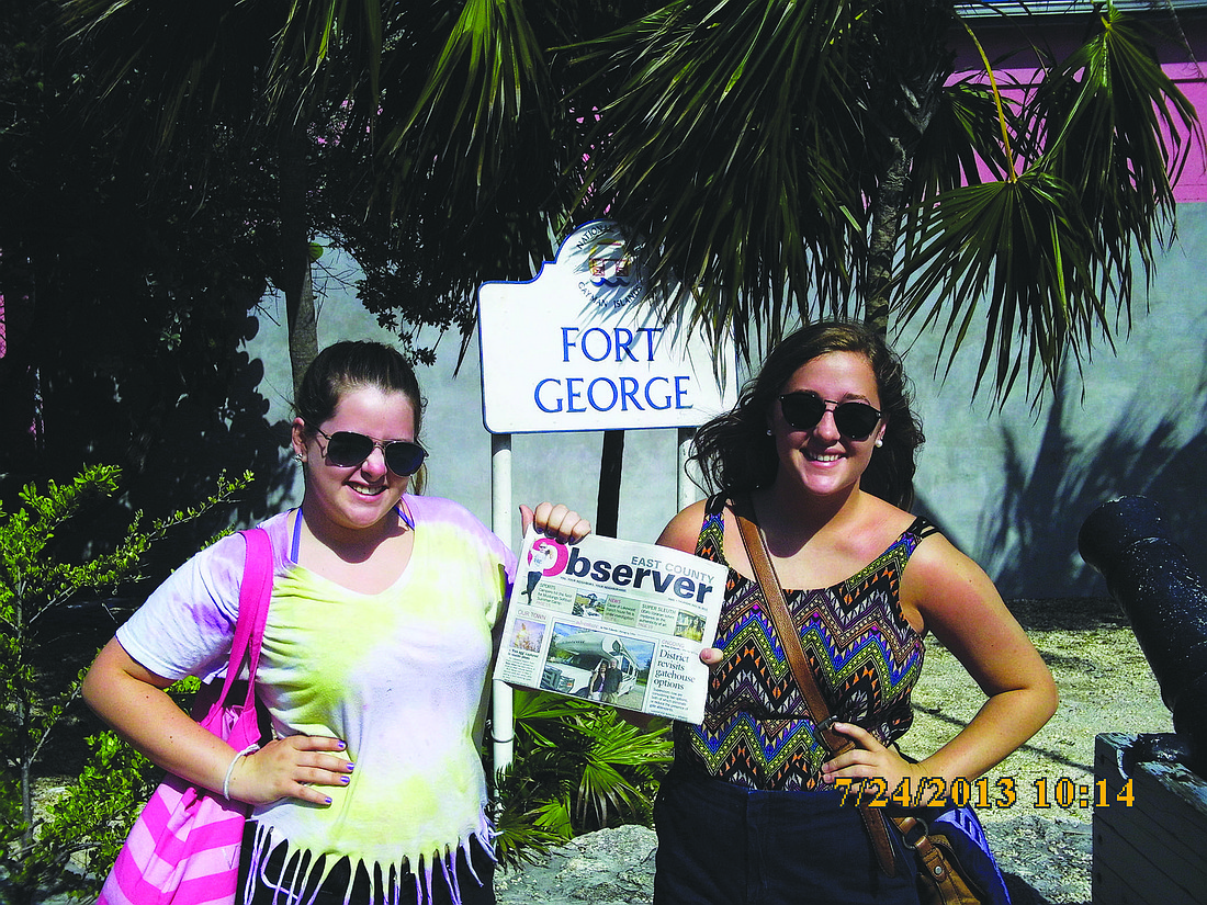 FAMILY FIESTA. Nolan Middle School student Jana Armstrong and her cousin, Grace Arthur, took their East County Observer on a recent cruise to Mexico. They made a quick stop at Fort George in the Cayman Islands.