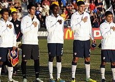 Members of the U.S. Under-17 Menâ€™s National Team sing the Star Spangled Banner before the start of their match against Brazil Dec. 13.