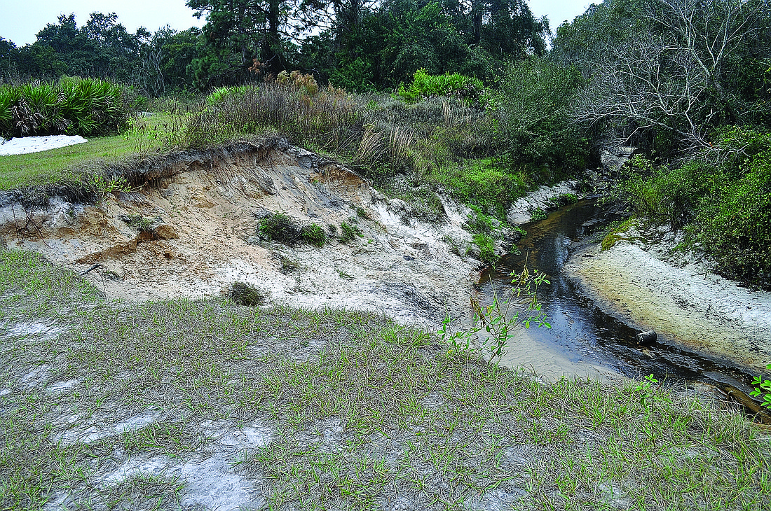 Workers will try to mitigate the steepness of an eroded riverbank near the Braden River, behind Greenbrook Adventure Park.