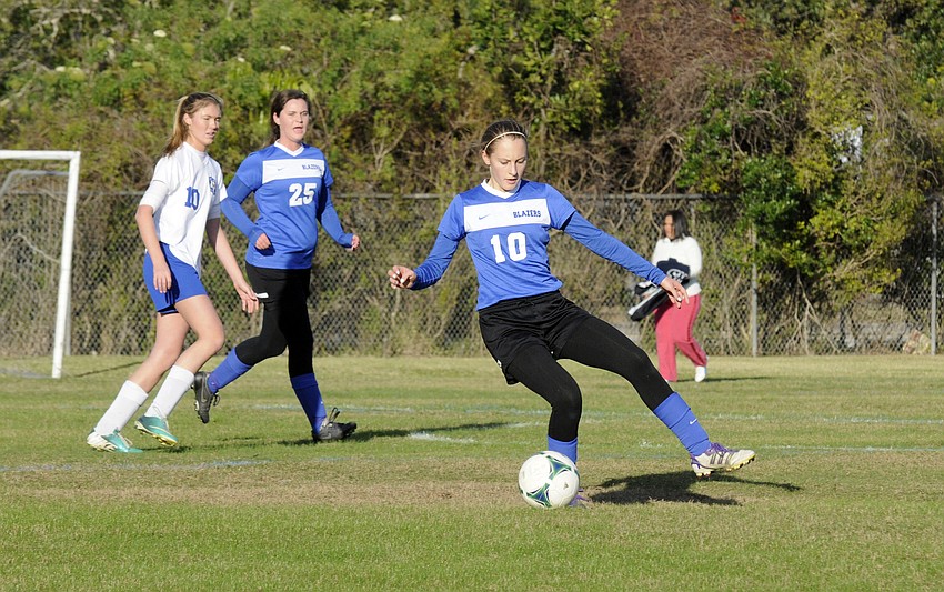 Sarasota Christianâ€™s Emma Kral controls the ball for the Lady Blazers.