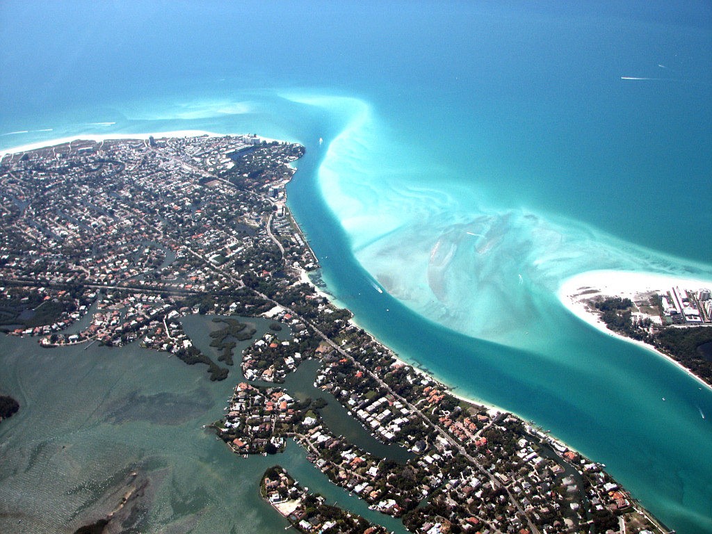 Sarasota's Big Pass, seen here in an aerial photo, has never been dredged.