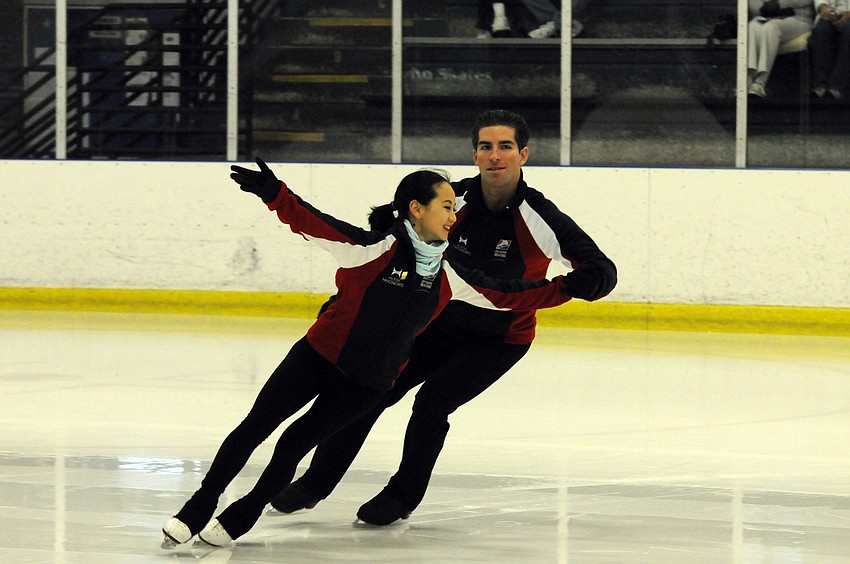 U.S. pairs figure skaters Felicia Zhang and Nathan Bartholomay practice during an open training session Jan. 22, at the Ellenton Ice and Sports Complex.