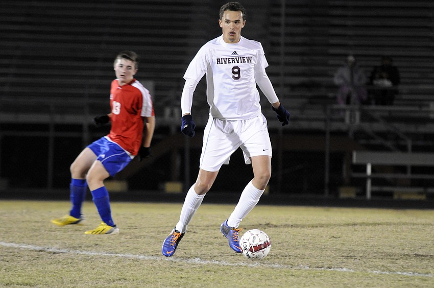 Riverview midfielder Greg Atkin scored a goal for the Rams in the second half of their 3-0 victory over Pinellas Park in the Class 5A-District 8 semifinals Jan. 22.