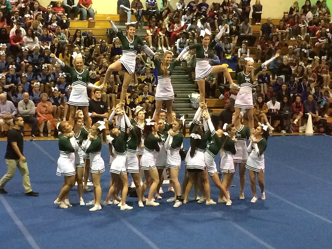 The Lakewood Ranch High varsity cheerleading squad performs during the Region 3 meet Jan. 25 in Tampa. Courtesy Photo