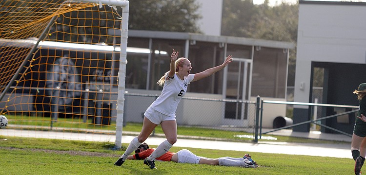 Lakewood Ranch High senior forward Delaney Riggins celebrates following her game-winning goal in the Class 4A-Region 3 finals Feb. 1.
