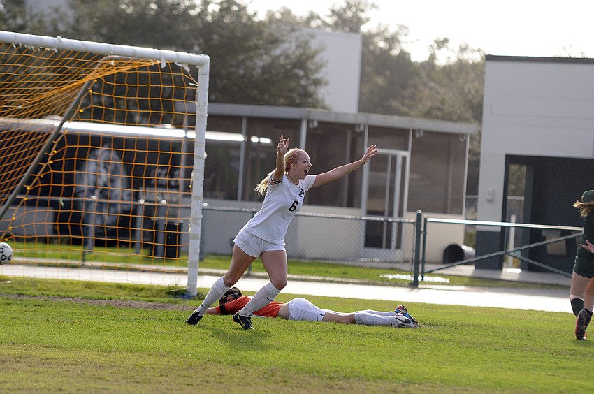 Lakewood Ranch High senior forward Delaney Riggins celebrates following her game-winning goal in the Class 4A-Region 3 finals Feb. 1.