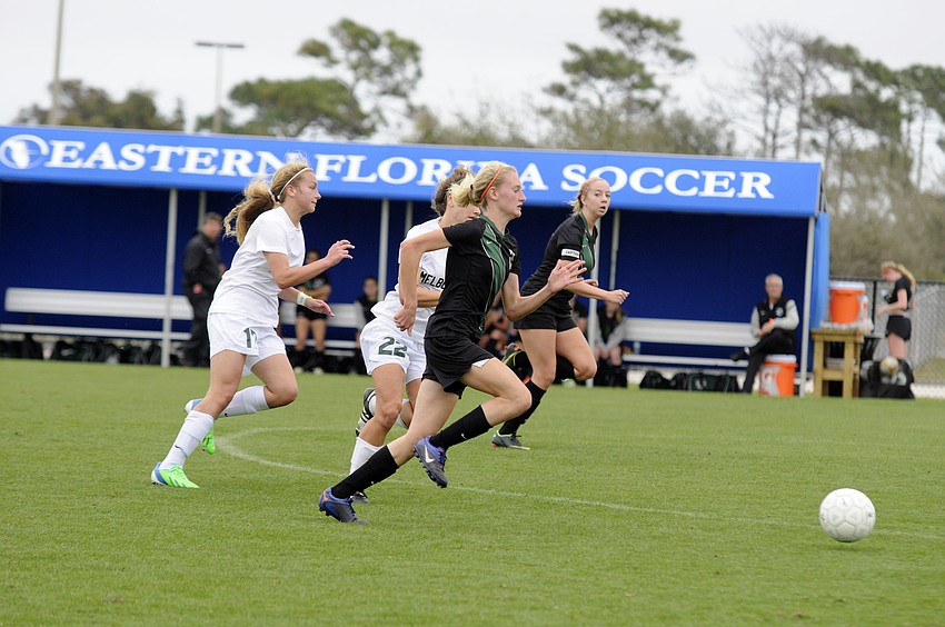 Lakewood Ranch freshman Sophia Falco pushes the ball up the field in the first half.