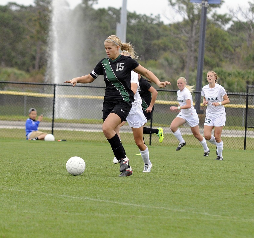 Lakewood Ranch senior Alex Latham switched from goalie to midfielder in the second half to try and provide an offensive spark for the Lady Mustangs.